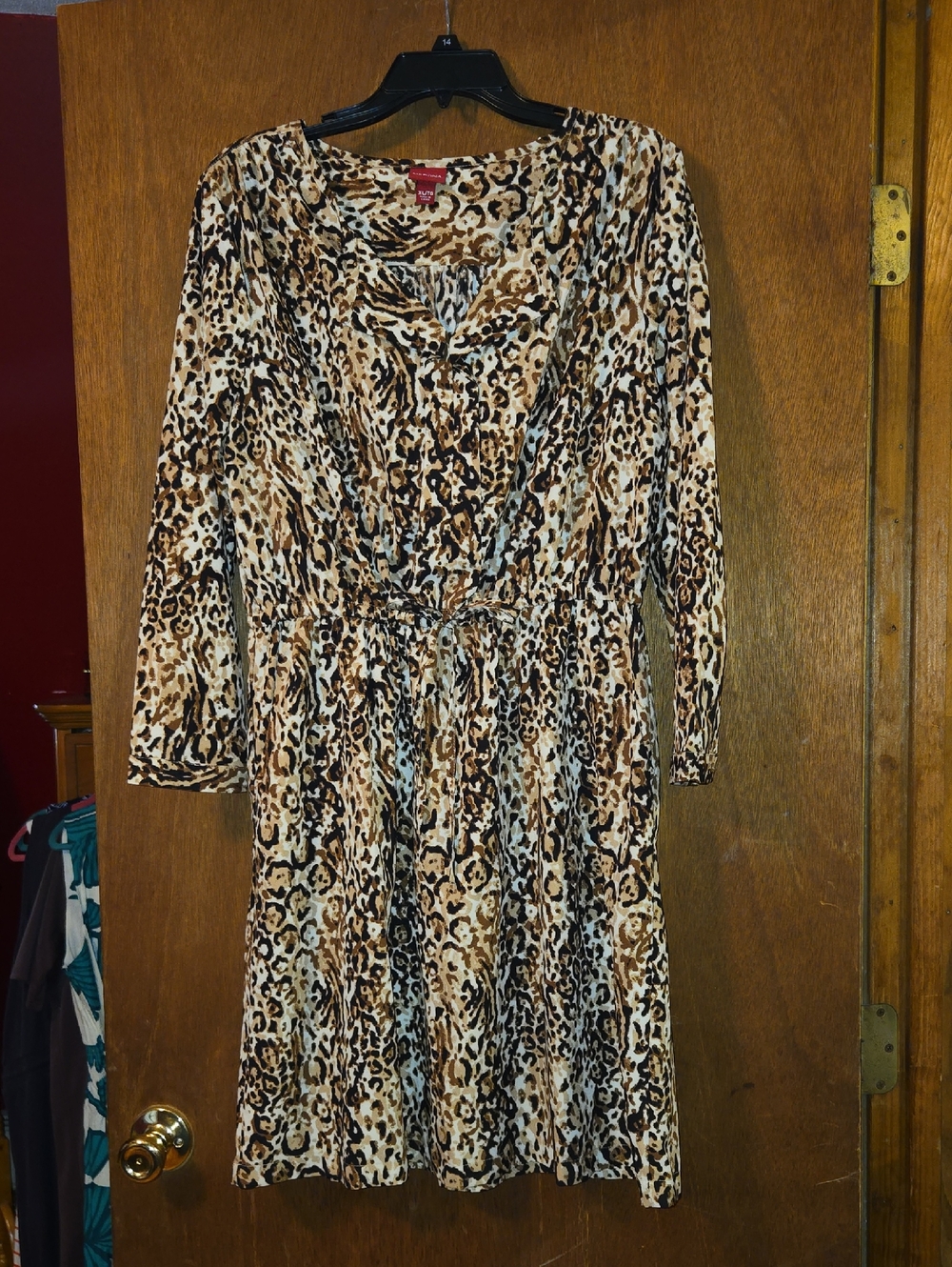 Leopard Print Long Sleeve Dress in Brown - Classic Waist-Tie